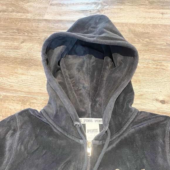 Victoria’s Secret Pink Hoodie Medium Black Gold Sequin Bling Vintage Full Zip - Picture 7 of 16